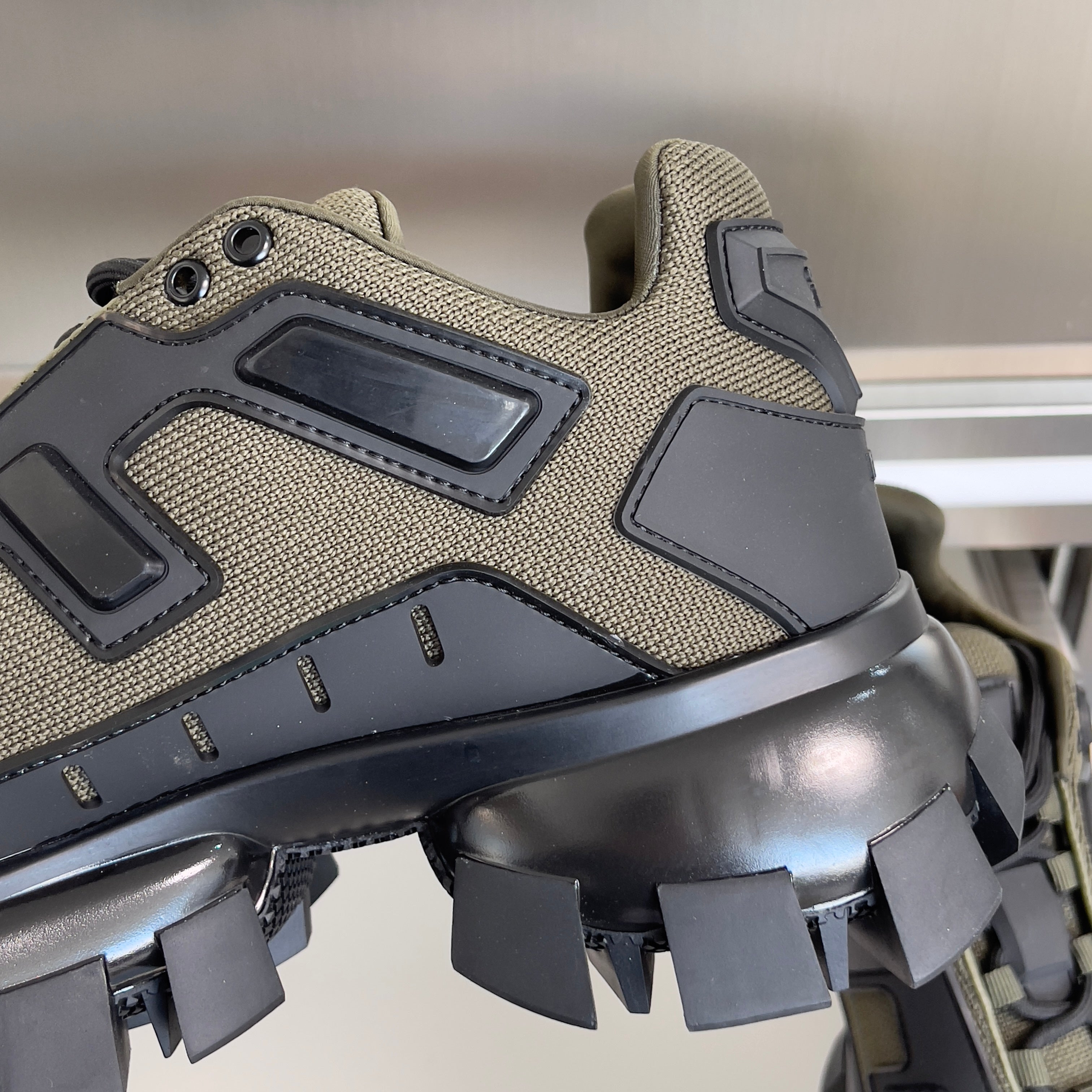 PRADA 26S CLOUDBUST THUNDER SNEAKERS 60MM IN OLIVE BROWN MESH FABRIC