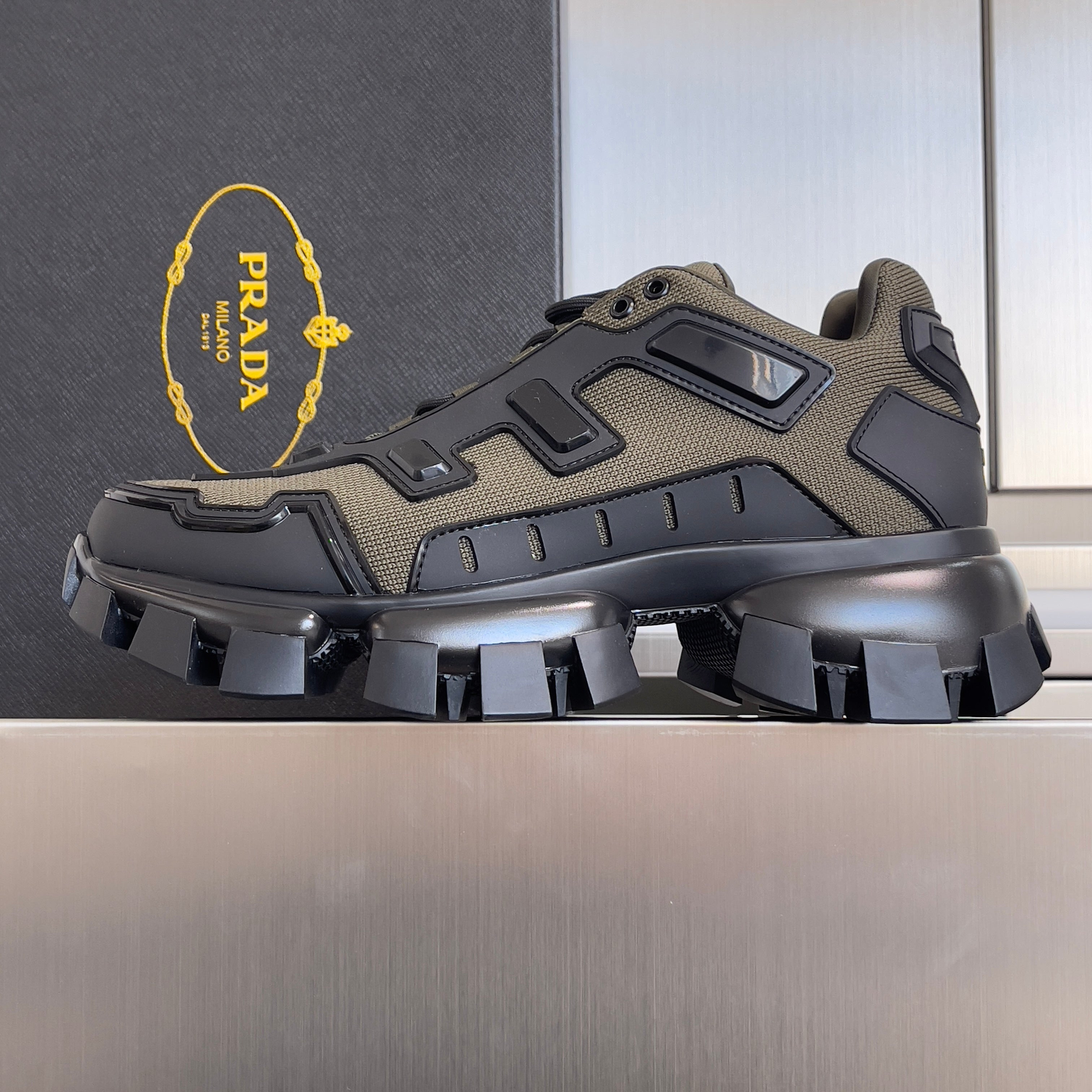 PRADA 26S CLOUDBUST THUNDER SNEAKERS 60MM IN OLIVE BROWN MESH FABRIC