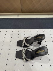 HIGH RHINESTONE CROSS STRAP MULES IN BLACK SILK