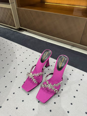 HIGH RHINESTONE CROSS STRAP MULES IN MAGENTA PINK SILK