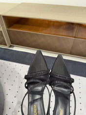 HIGH CRYSTAL STRAP SANDALS IN BLACK SILK