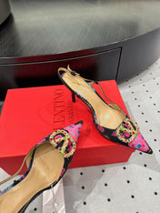 VLTN HIGH SLINGBACK 25S 80 MM IN BLACK MIX PINK FABRIC AND CALFSKIN