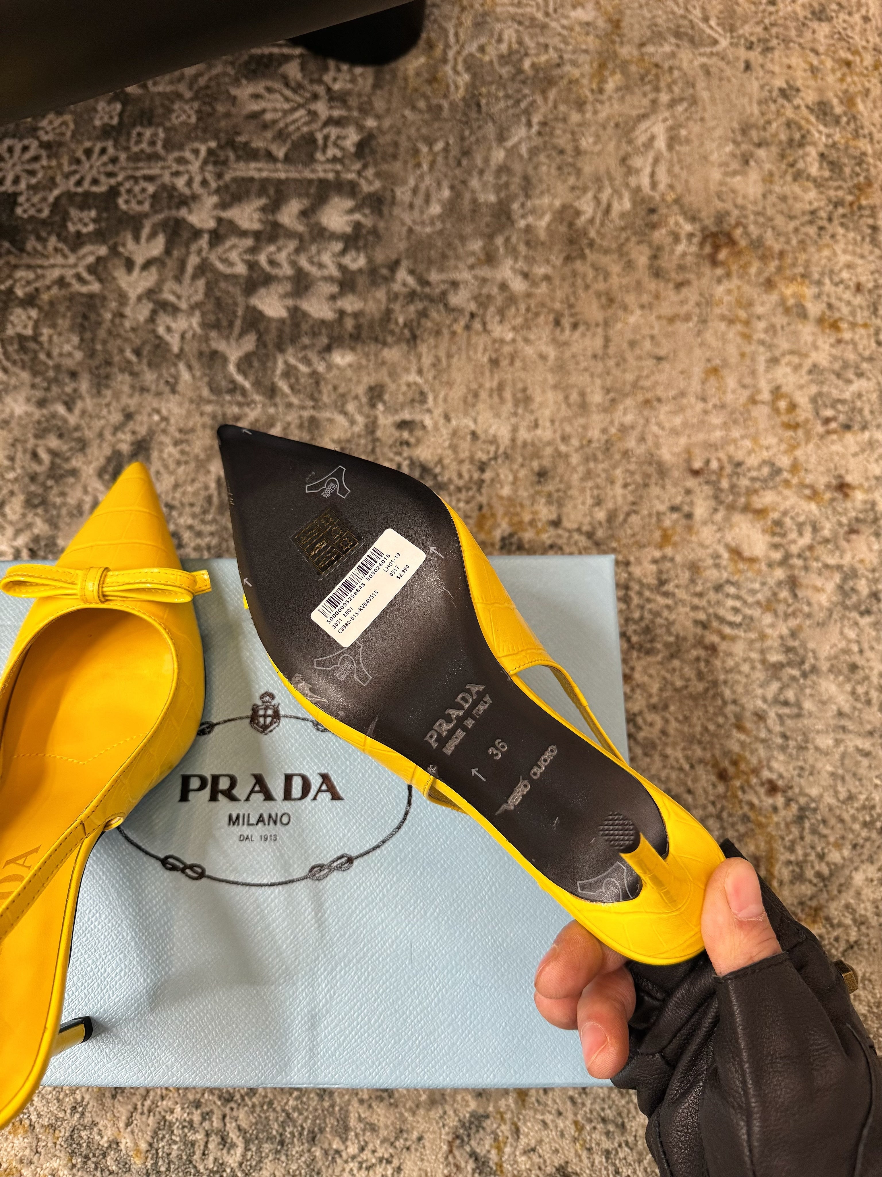 PRADA 25S SLINGBACK HIGH HEELS 75 MM IN YELLOW EMBOSSED COWHIDE