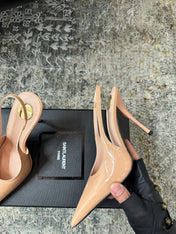 YSL 26S HEELED SLINGBACKS 100 MM IN WARM NUDE GLOSSY CALFSKIN