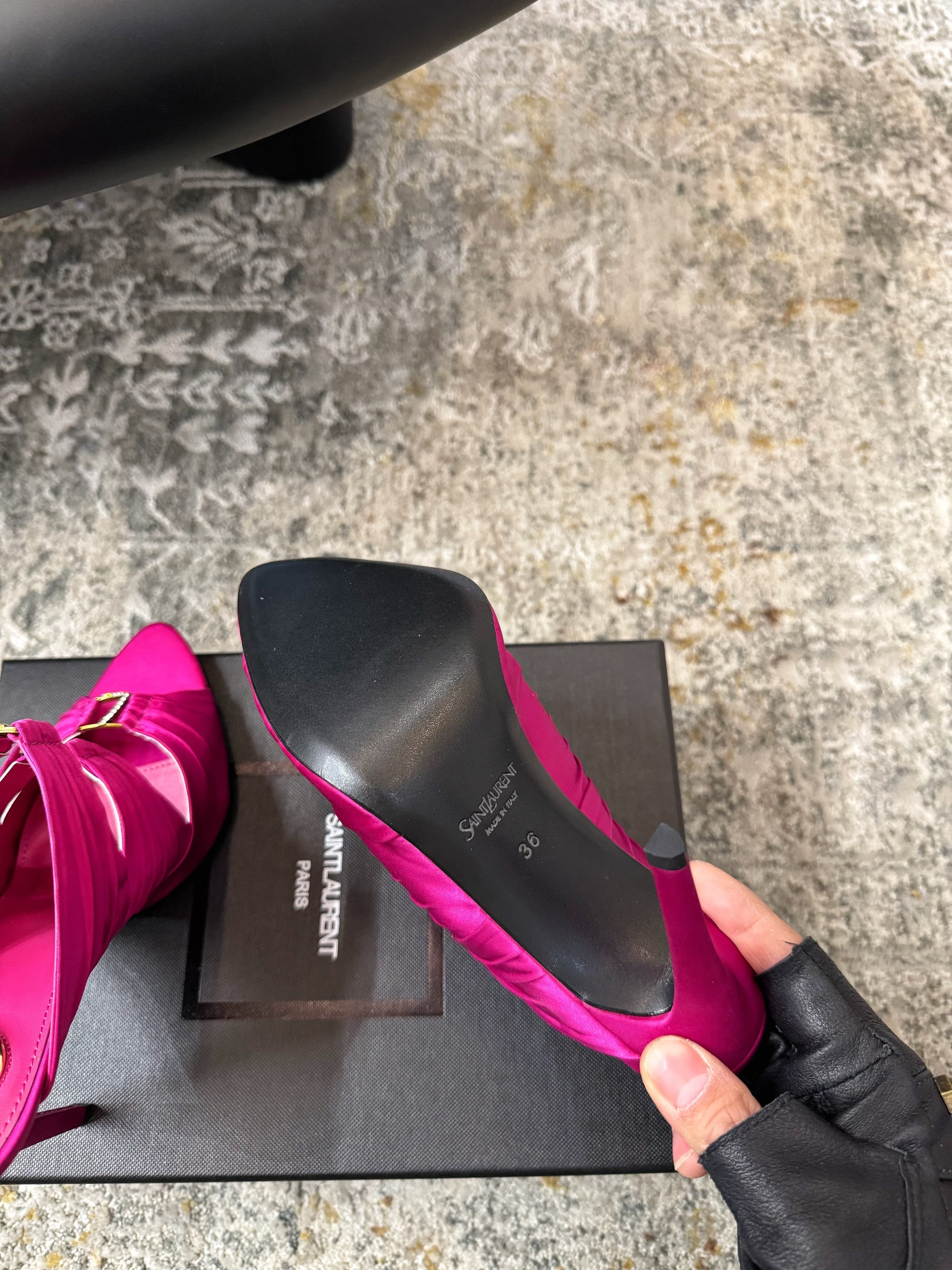 YSL 26S HEELED SANDALS 100 MM IN DARK PINK FABRIC