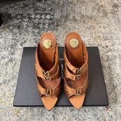 YSL 26S HEELED SANDALS 100 MM IN CLAY BROWN FABRIC