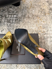 YSL 26S HEELED SANDALS 100 MM IN OLIVE GREEN FABRIC