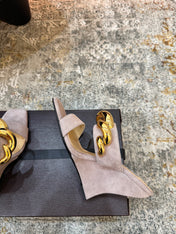 ALAIA 26S DOUBLE STRAP WEDGE SANDALS 110 MM IN BEIGE SUEDE WITH GOLD HARDWARE