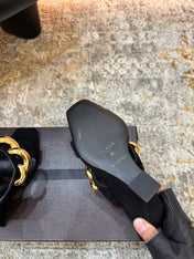 ALAIA 26S DOUBLE STRAP WEDGE SANDALS 110 MM IN BLACK SUEDE WITH GOLD HARDWARE
