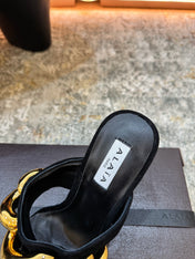 ALAIA 26S DOUBLE STRAP WEDGE SANDALS 110 MM IN BLACK SUEDE WITH GOLD HARDWARE