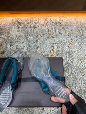 ALAIA 26S THONG SANDALS IN TEAL BLUE SATIN AND TRANSPARENT PVC