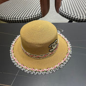 CHANEL 26S LACE & FLORAL TRIM STRAW HAT 337937