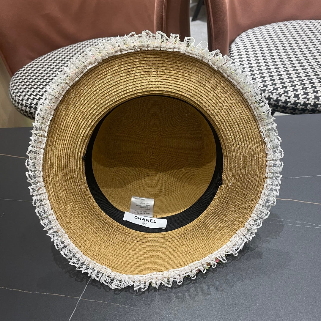 CHANEL 26S LACE & FLORAL TRIM STRAW HAT 337937