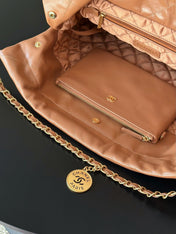 CHANEL 26S 22 BAG 42 IN CARAMEL BROWN QUILTED SHINY CALFSKIN