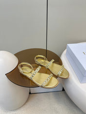 FLAT SANDALS 25S IN SHINY GOLD CALFSKIN RHINESTONES STRAP