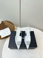 CC SLINGBACK 25S IN WHITE LACE FABRIC WITH SILVER HARDWARE