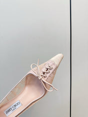 JIMMY CHOO 26S LACE-UP HEELS IN LIGHT NUDE PINK LACE AND LAMBSKIN
