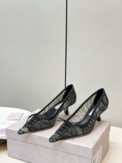 JIMMY CHOO 26S LACE-UP HEELS IN BLACK LACE AND LAMBSKIN