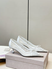 JIMMY CHOO 26S LACE-UP HEELS IN WHITE LACE AND LAMBSKIN