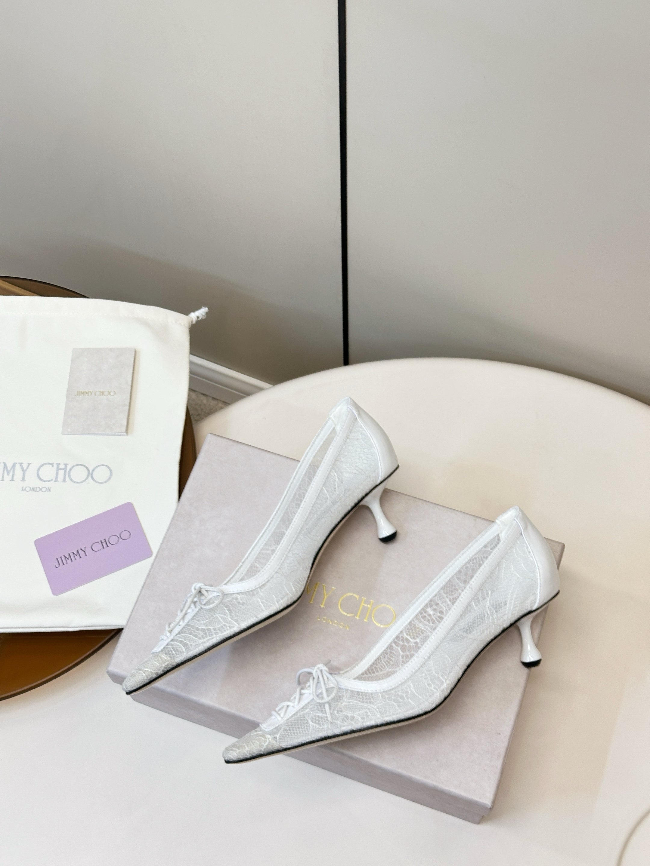JIMMY CHOO 26S LACE-UP HEELS IN WHITE LACE AND LAMBSKIN
