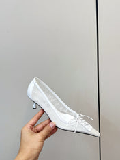 JIMMY CHOO 26S LACE-UP HEELS IN WHITE LACE AND LAMBSKIN