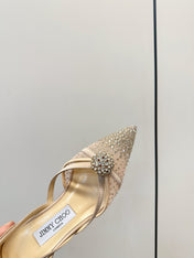 JIMMY CHOO 26S POINTED-TOE HIGH HEELS IN BEIGE CRYSTAL EMBELLISHMENT