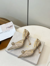 JIMMY CHOO 26S POINTED-TOE HIGH HEELS IN BEIGE CRYSTAL EMBELLISHMENT