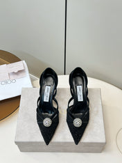 JIMMY CHOO 26S POINTED-TOE HIGH HEELS IN BLACK CRYSTAL EMBELLISHMENT