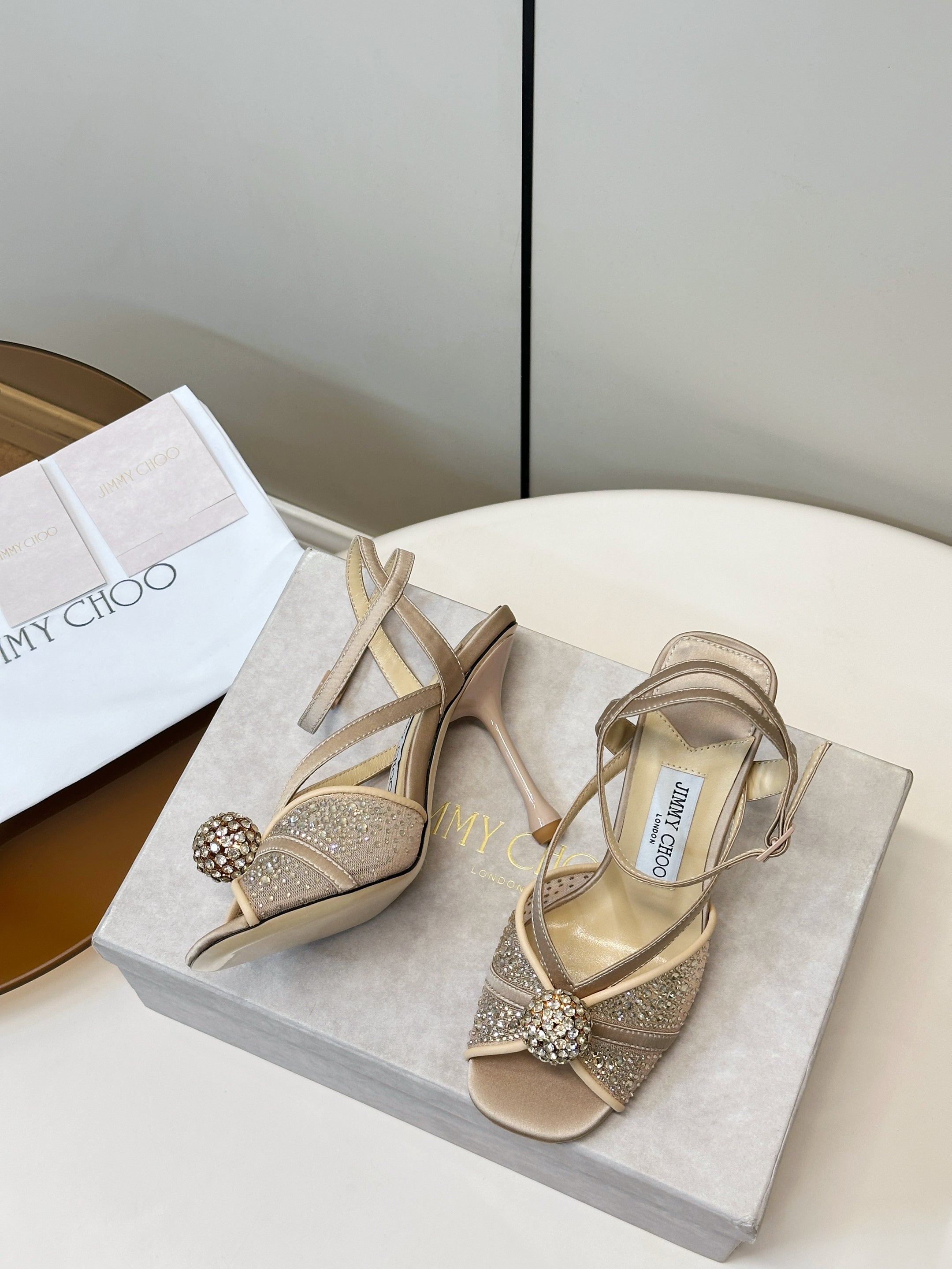 JIMMY CHOO 26S HEELED SANDALS 100 MM IN BEIGE CRYSTAL EMBELLISHMENT