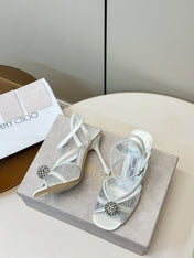 JIMMY CHOO 26S HEELED SANDALS 100 MM IN WHITE CRYSTAL EMBELLISHMENT