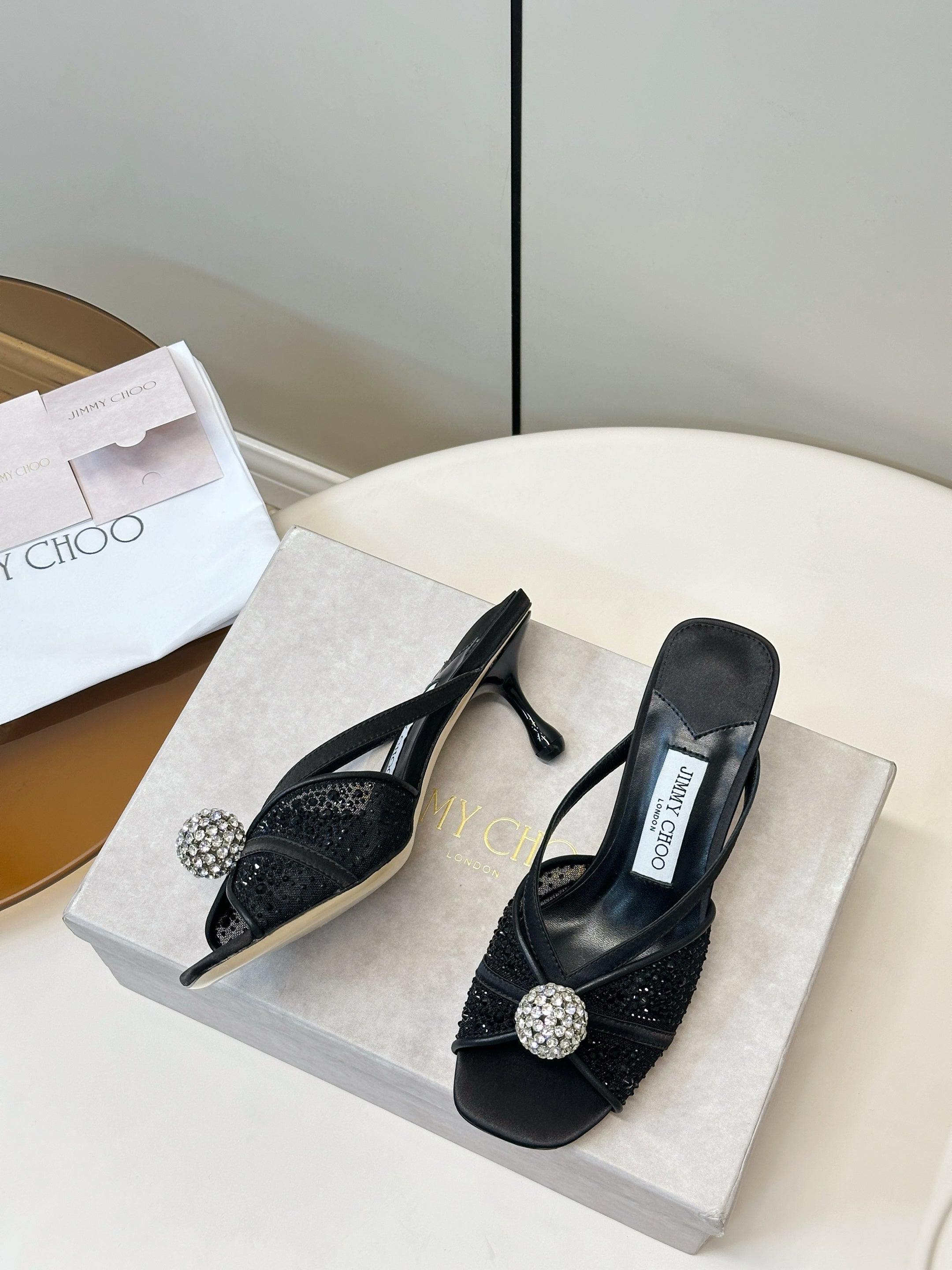 JIMMY CHOO 26S SACORA MULE 80 MM IN BLACK CRYSTAL EMBELLISHMENT