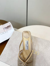 JIMMY CHOO 26S SACORA MULE 80 MM IN BEIGE CRYSTAL EMBELLISHMENT