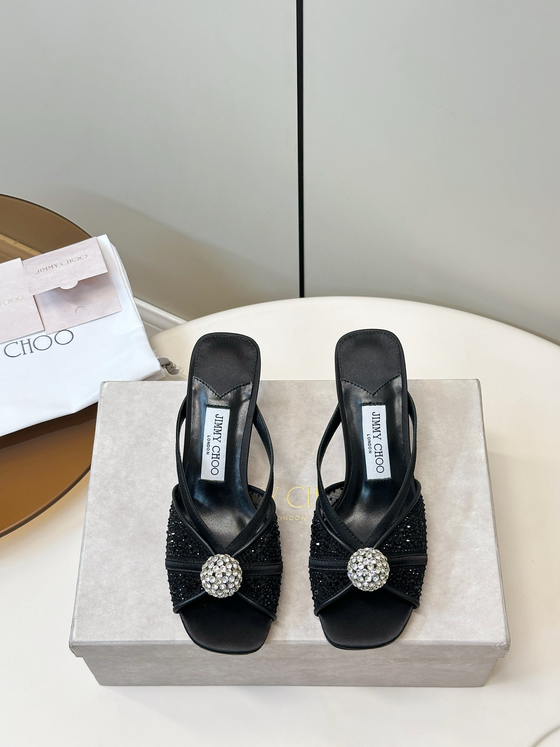 JIMMY CHOO 26S SACORA MULE 80 MM IN BLACK CRYSTAL EMBELLISHMENT