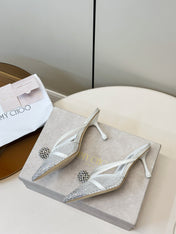 JIMMY CHOO 26S HEELED MULES 80 MM IN WHITE CRYSTAL EMBELLISHMENT