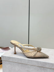 JIMMY CHOO 26S HEELED MULES 80 MM IN BEIGE CRYSTAL EMBELLISHMENT