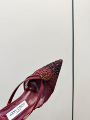 JIMMY CHOO 26S HEELED MULES 80 MM IN DARK RED CRYSTAL EMBELLISHMENT