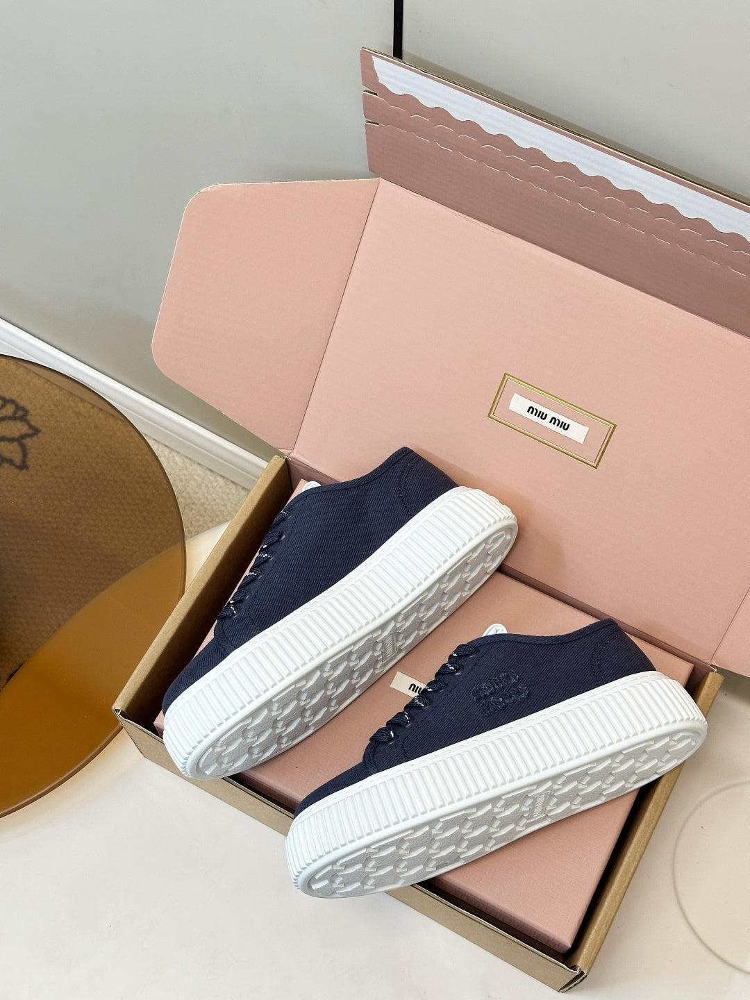 MIUMIU 26S PLATFORM SNEAKERS IN NAVY BLUE CANVAS