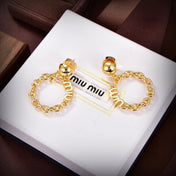 MIUMIU 26S CHAIN HOOP LOGO DROP EARRINGS IN GOLD TONE METAL 617564