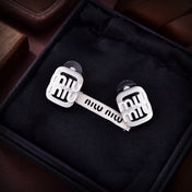 MIUMIU 26S DOUBLE LOGO WHITE ENAMEL STUD EARRINGS IN SILVER TONE METAL 619138