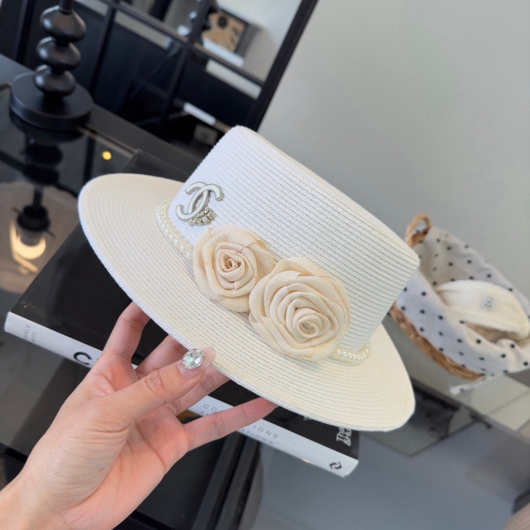 CHANEL 26S BOATER HAT FLORAL EMBELLISHMENT 338038