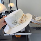 CHANEL 26S BOATER HAT FLORAL EMBELLISHMENT 338038