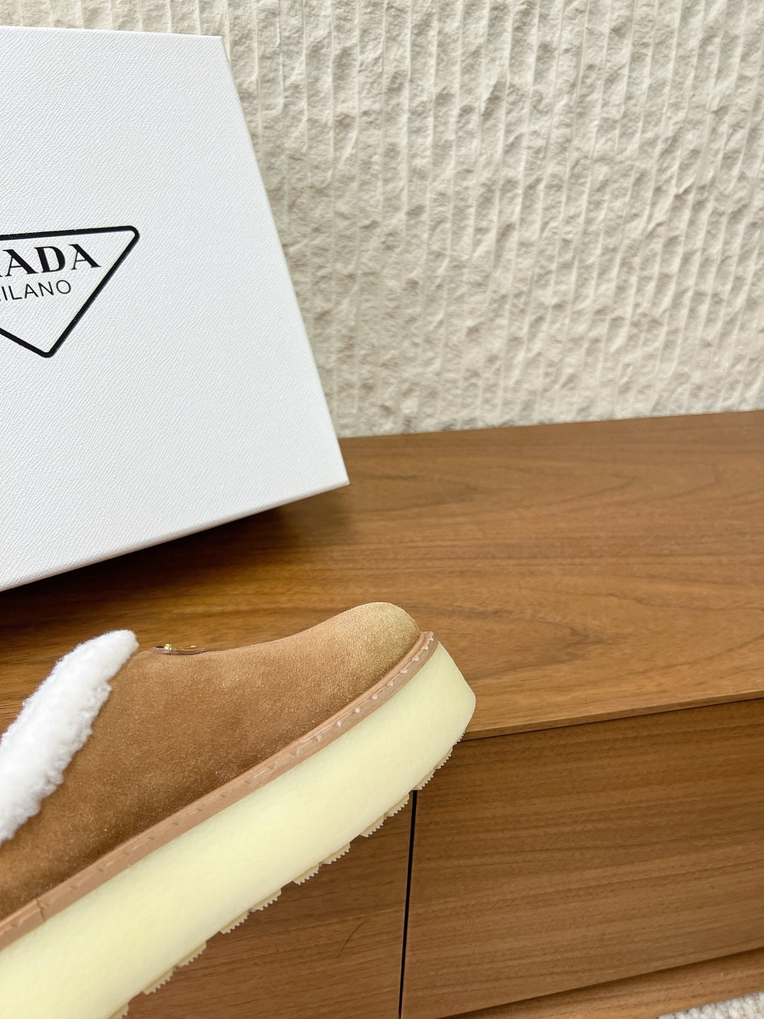 PRADA 25S PLATFORM FUR-LINED MULES IN BROWN SUEDE