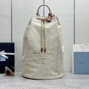 PRADA 25S DRAWSTRING BACKPACK 55 IN BEIGE CANVAS LINEN SILVER HARDWRE