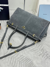 PRADA 25S BONNIE LARGE HANDBAG 38 IN DARK GRAY SUEDE GOLD HARDWARE