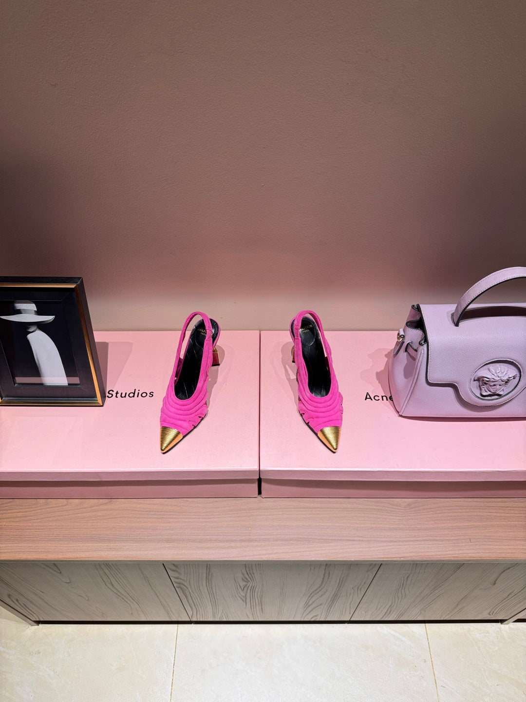 BALMAIN 26S SLINGBACK HEELS 100 MM IN DARK PINK SUEDE