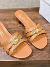 DIOR 26S MID HEEL SANDALS IN CARAMEL BROWN CALFSKIN MULTI STRAP GOLD HARDWARE