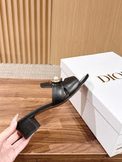 DIOR 26S LOW HEEL SLIDE SANDALS IN BLACK CALFSKIN GOLD PEARL BUCKLE