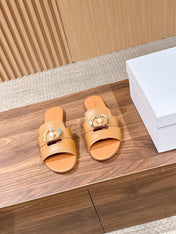 DIOR 26S WIDE STRAP SLIDE SANDALS IN CARAMEL BROWN CALFSKIN PEARL GOLD BUCKLE