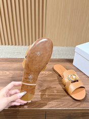 DIOR 26S WIDE STRAP SLIDE SANDALS IN CARAMEL BROWN CALFSKIN PEARL GOLD BUCKLE