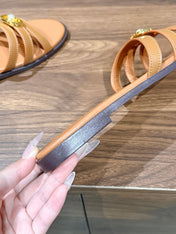 DIOR 26S MULTI STRAP SLIDE SANDALS IN CARAMEL BROWN CALFSKIN GOLD BUCKLE